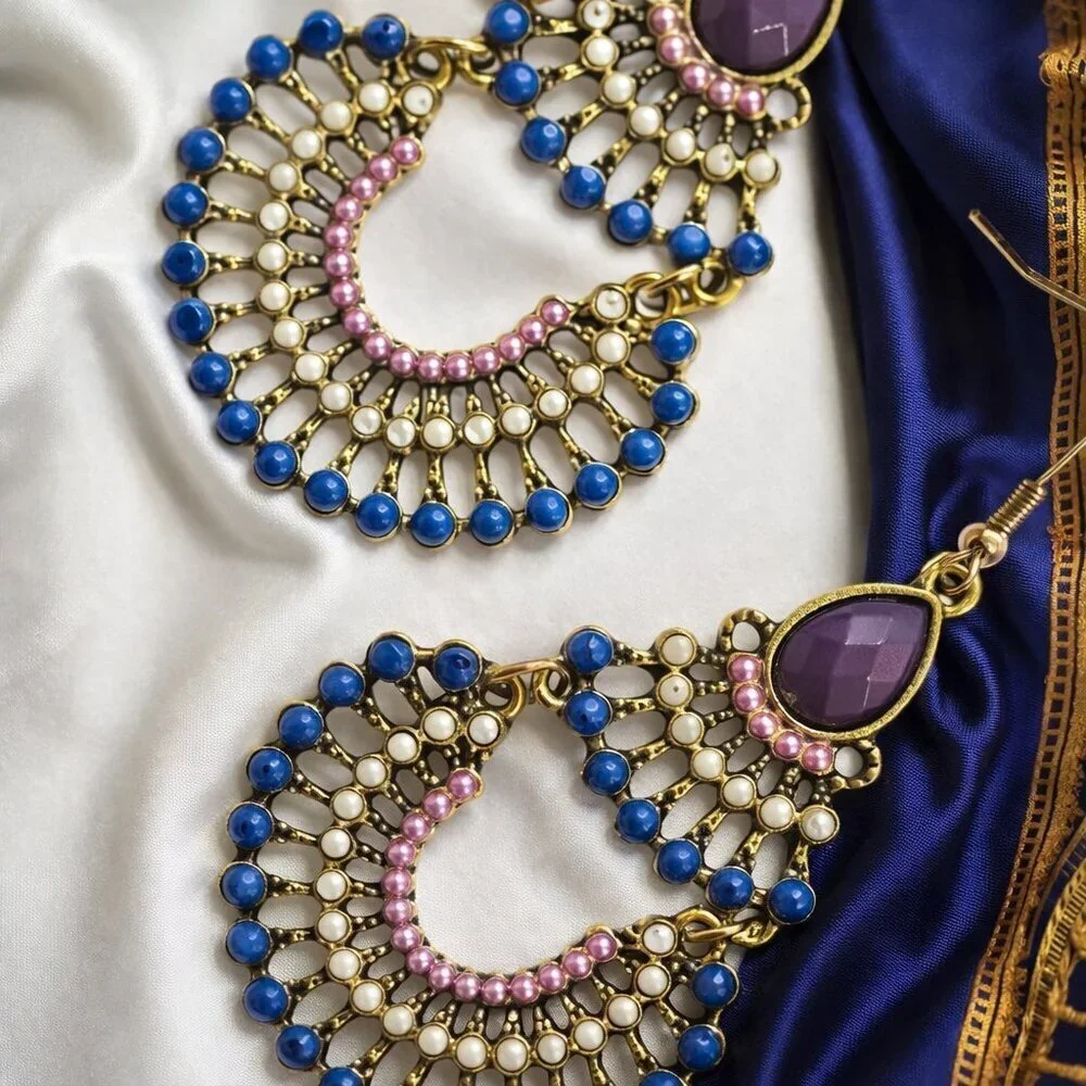 Boho Chic Colorful Beaded Chandelier Statement Earrings | Antique Gold Finish